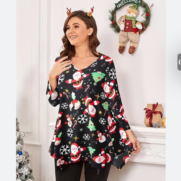 Larace Christmas Tunic Top Handkerchief Hem  3/4 Sleeve Round Neck Holiday Med - Picture 3 of 16